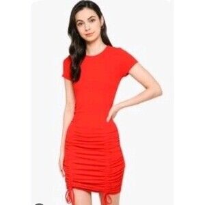 H&M Divided Bodycon Dress Womens L Red Ruched Drawstring Tie Cocktail Summer